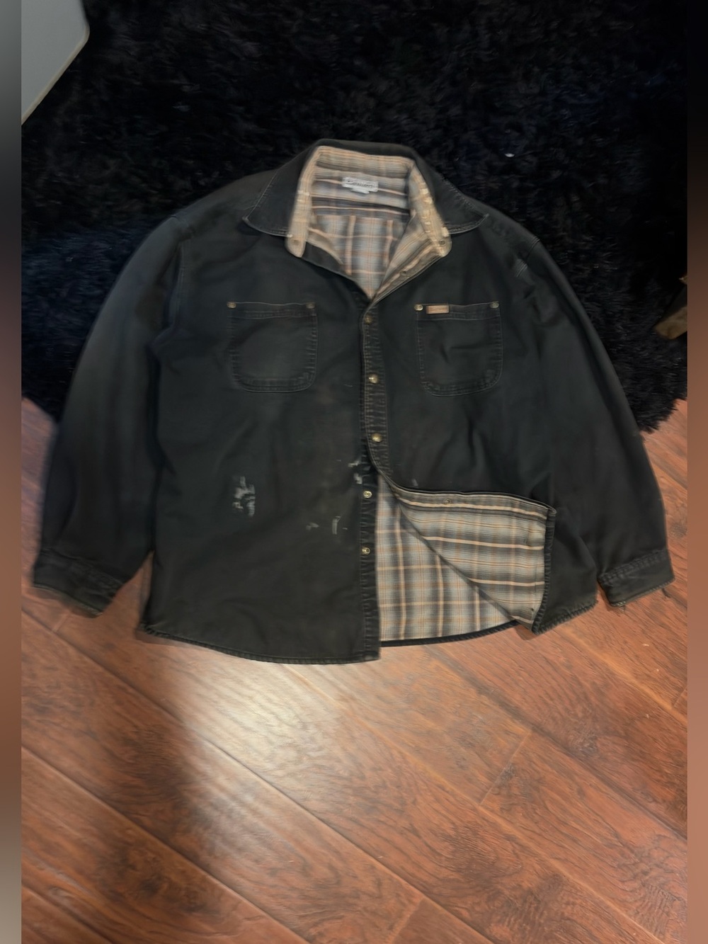 Carhartt Black Button-Front Shirt Jacket with Plaid Lining
